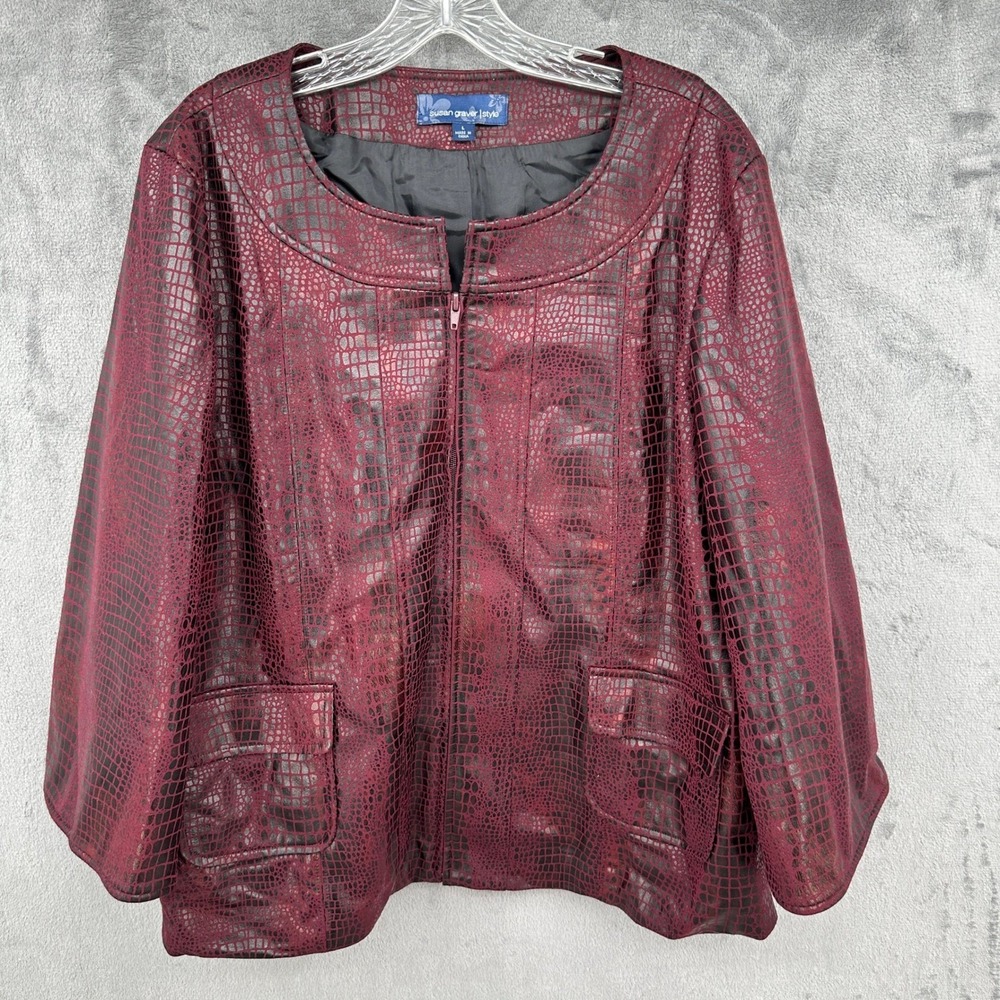 Susan Graver Burgundy Croc Embossed Faux Leather Jacket Size Large‎